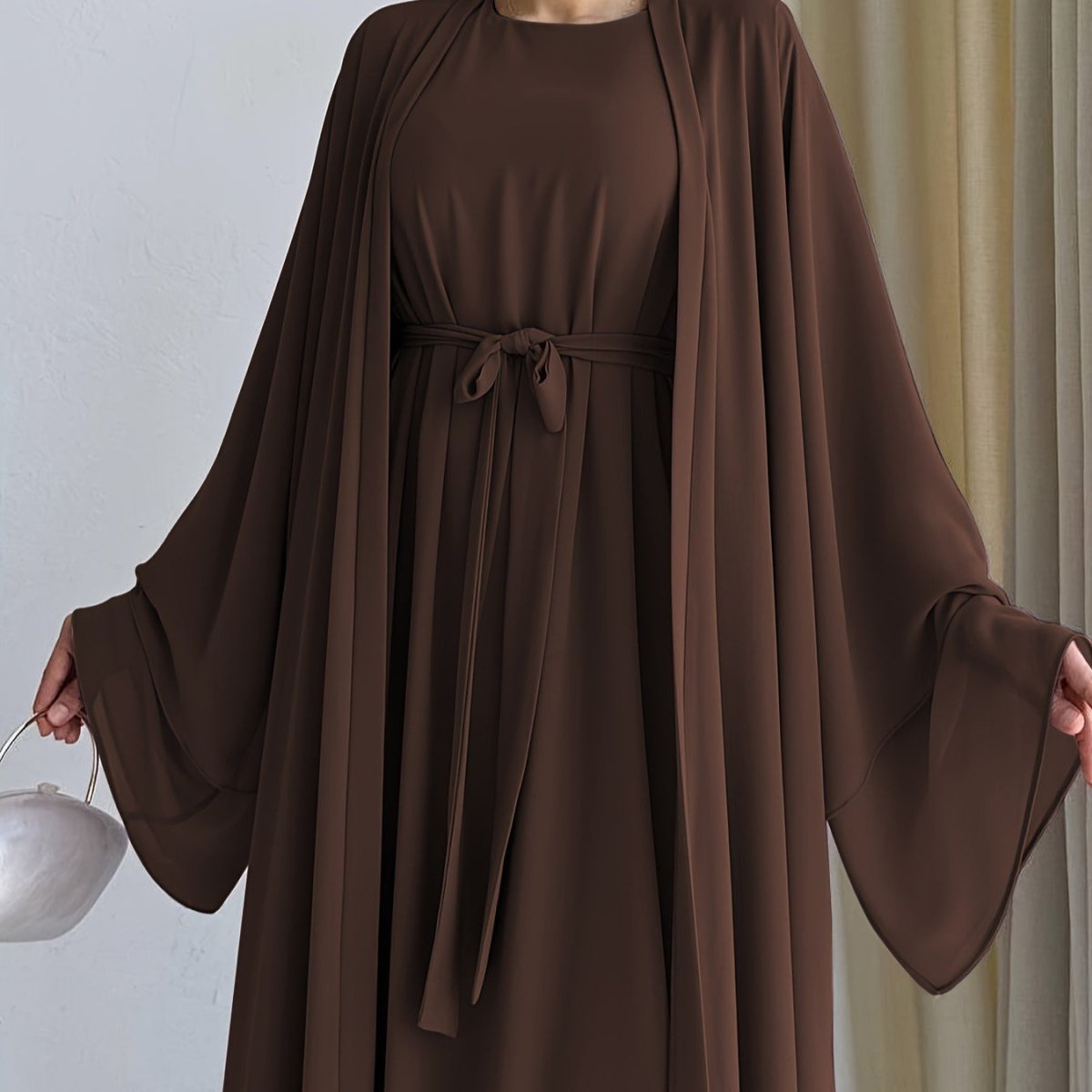 Chiffon Abaya with Bell Sleeves & Belt(MOA291) - Mariam's Collection