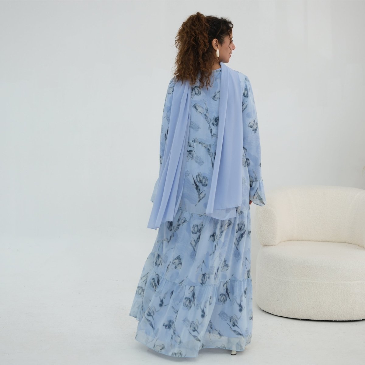 Chiffon Crinkle Flared Sleeve Tiered Open Abaya Set(MOA341) - Mariam's Collection