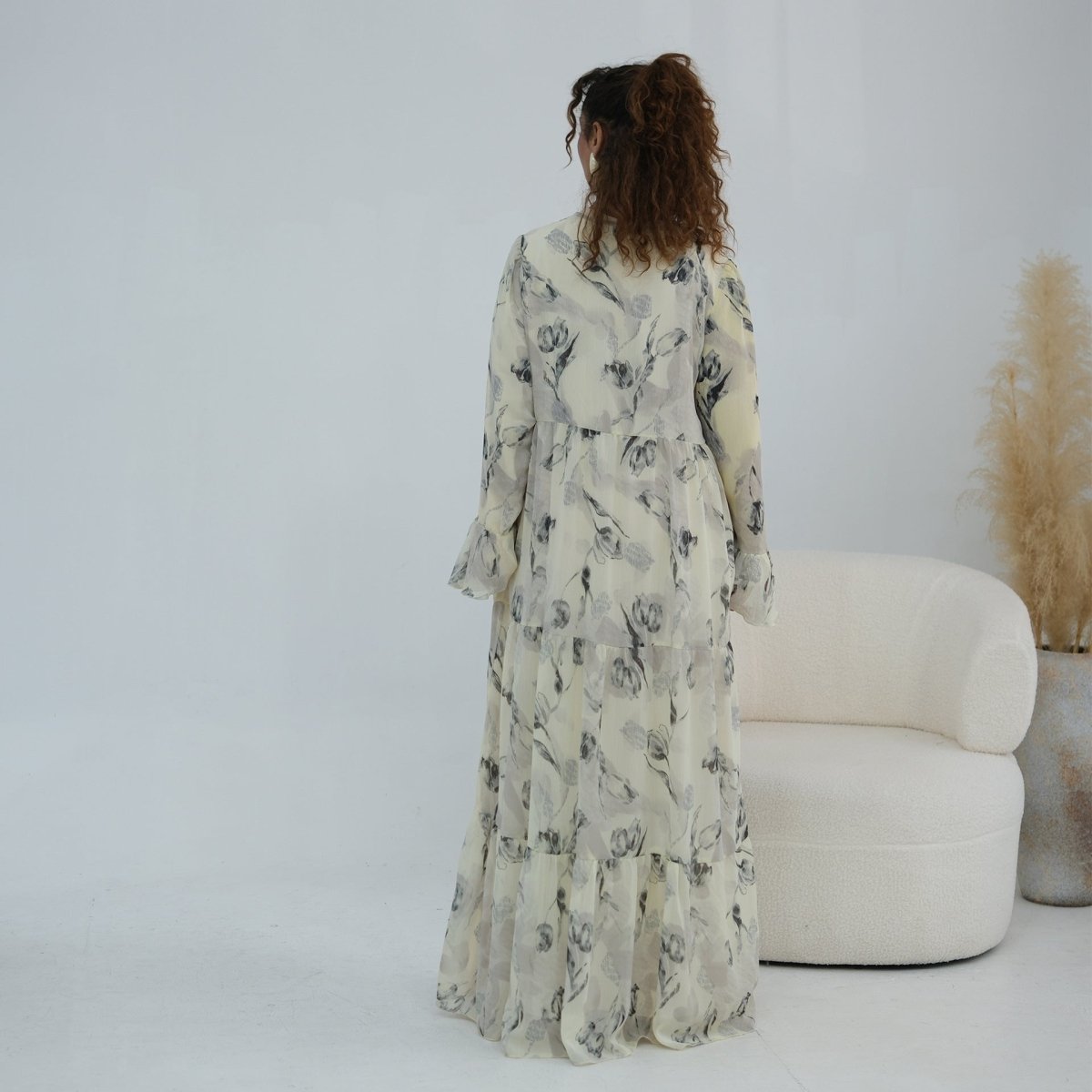 Chiffon Crinkle Flared Sleeve Tiered Open Abaya Set(MOA341) - Mariam's Collection