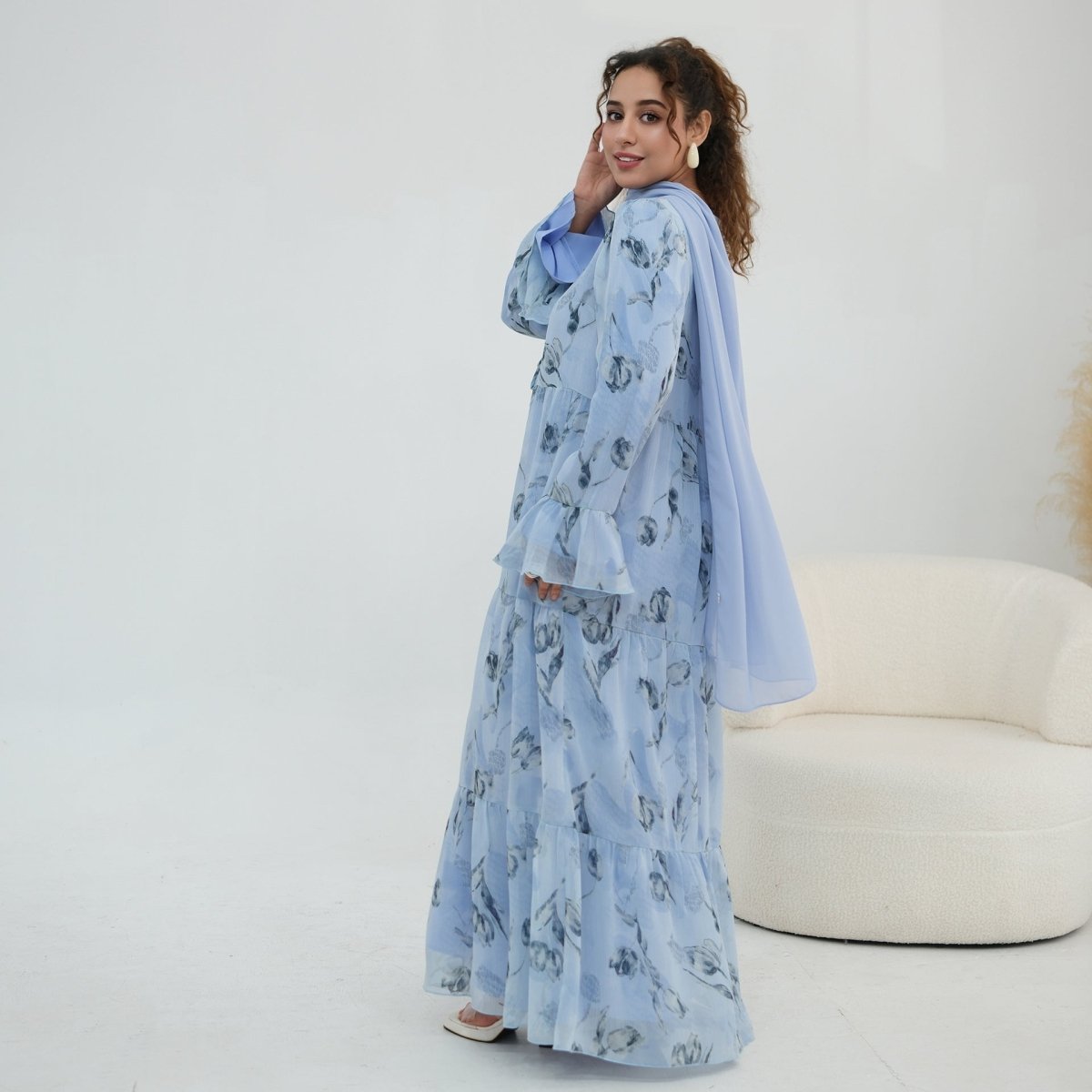 Chiffon Crinkle Flared Sleeve Tiered Open Abaya Set(MOA341) - Mariam's Collection