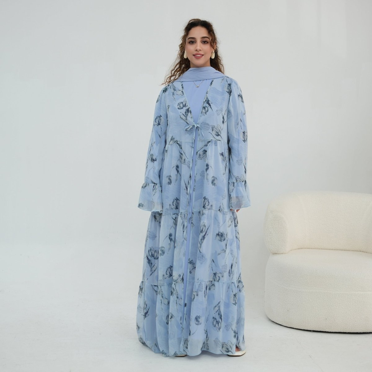 Chiffon Crinkle Flared Sleeve Tiered Open Abaya Set(MOA341) - Mariam's Collection