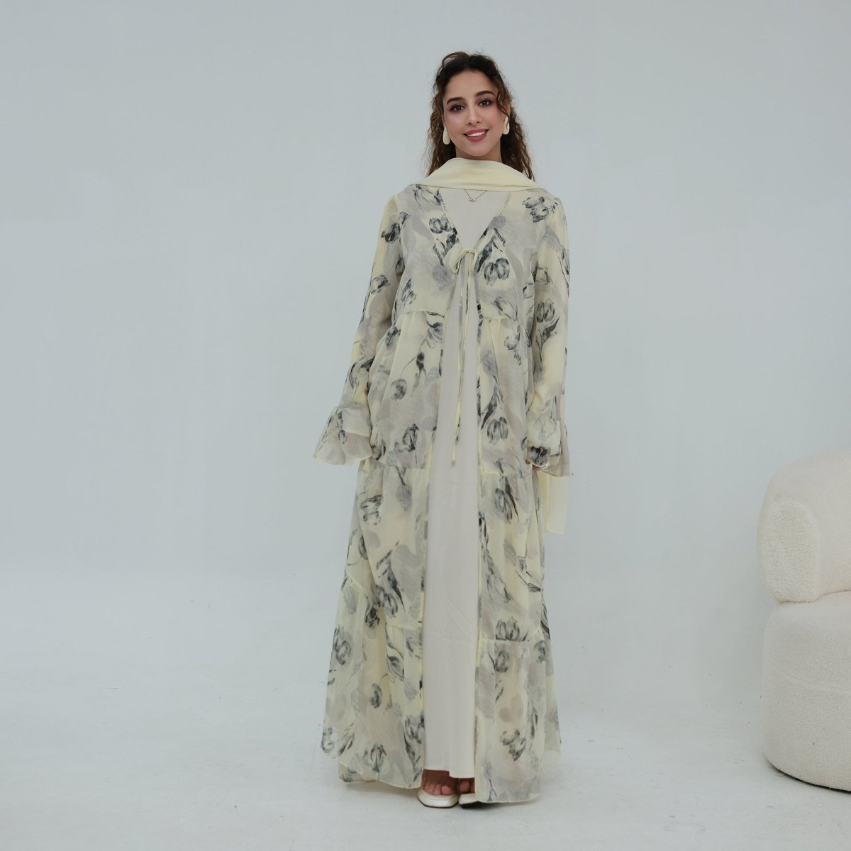 Chiffon Crinkle Flared Sleeve Tiered Open Abaya Set(MOA341) - Mariam's Collection