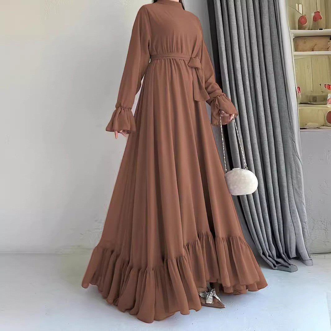 Chiffon Dress with Ruffle Cuffs & Two - Tier Hem(MA412) - Mariam's Collection