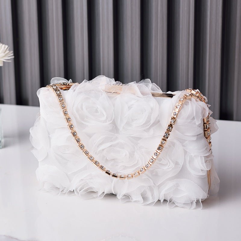 Chiffon Rose Evening Bag | Floral Clutch with Crystal Chain Strap (MAC