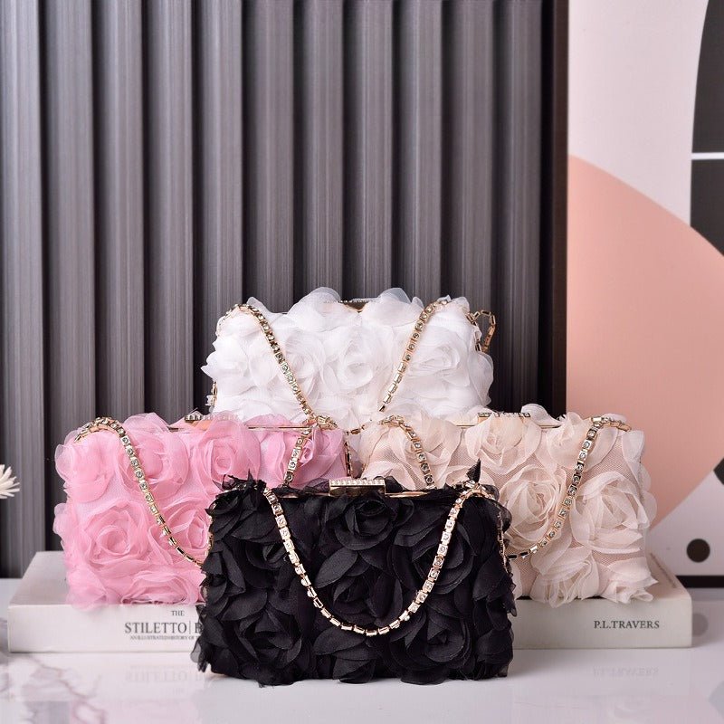 Chiffon Rose Evening Bag | Floral Clutch with Crystal Chain Strap (MAC355) - Mariam's Collection