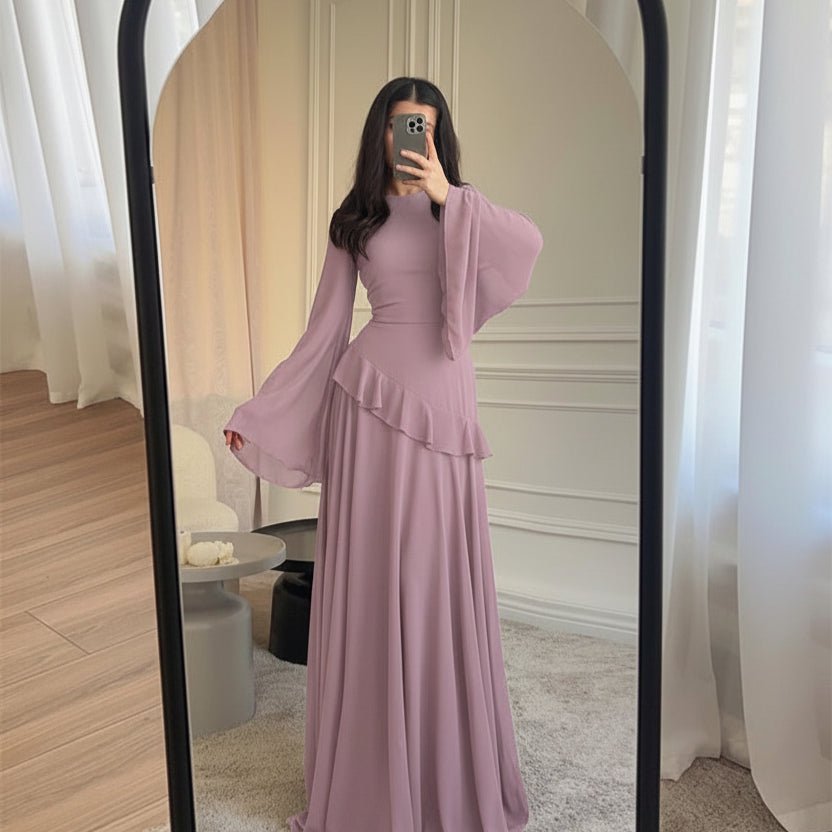 Chiffon Ruffle Gown with Tie-Back