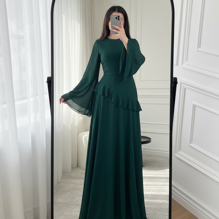 Chiffon Ruffle Gown with Tie - Back | Bell Sleeve Tiered Maxi Dress(MS227) - Mariam's Collection