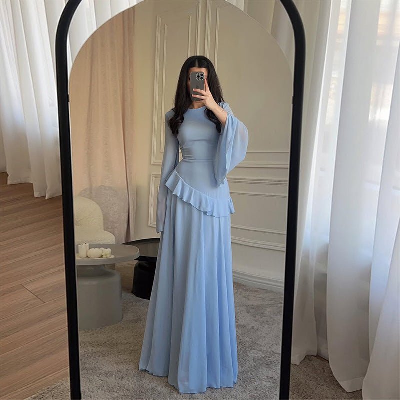 long dresses with bell sleeves Chiffon Ruffle Gown Tie-Back How to Style Your Affordably priced under $130 calf leather lining Primary color:Custom color