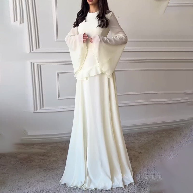Chiffon Ruffle Gown with Tie-Back | Bell Sleeve Tiered Maxi Dress(MS22 Chiffon Ruffle Gown with Tie-Back | Bell Sleeve Tiered Maxi Dress(MS22
