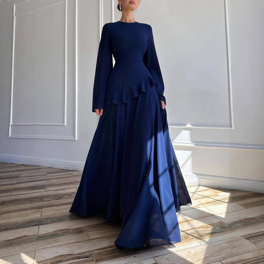 Chiffon Ruffle Gown with Tie-Back | Bell Sleeve Tiered Maxi Dress(MS22