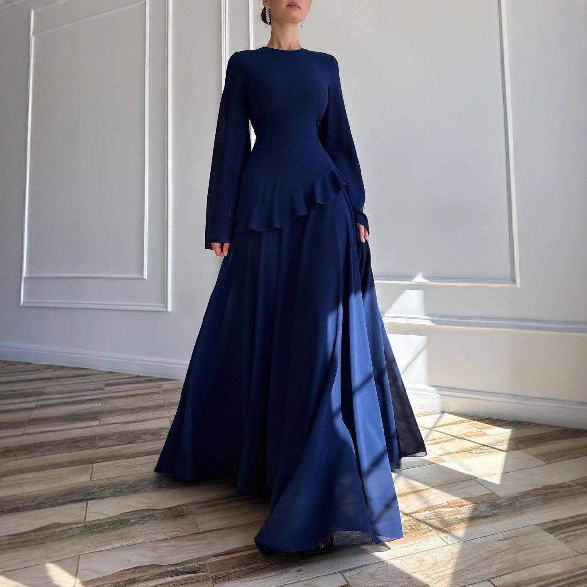 Chiffon Ruffle Gown with Tie - Back | Bell Sleeve Tiered Maxi Dress(MS227) - Mariam's Collection