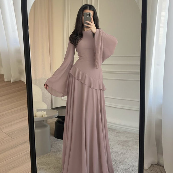 Chiffon Ruffle Gown with Tie - Back | Bell Sleeve Tiered Maxi Dress(MS227) - Mariam's Collection