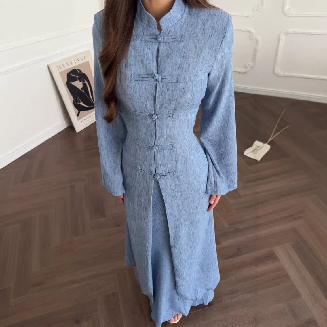 Chinese Frog Button Stand Collar Top & Wide-Leg Maxi Skirt Co-ord Set(MS483) - Mariam's Collection
