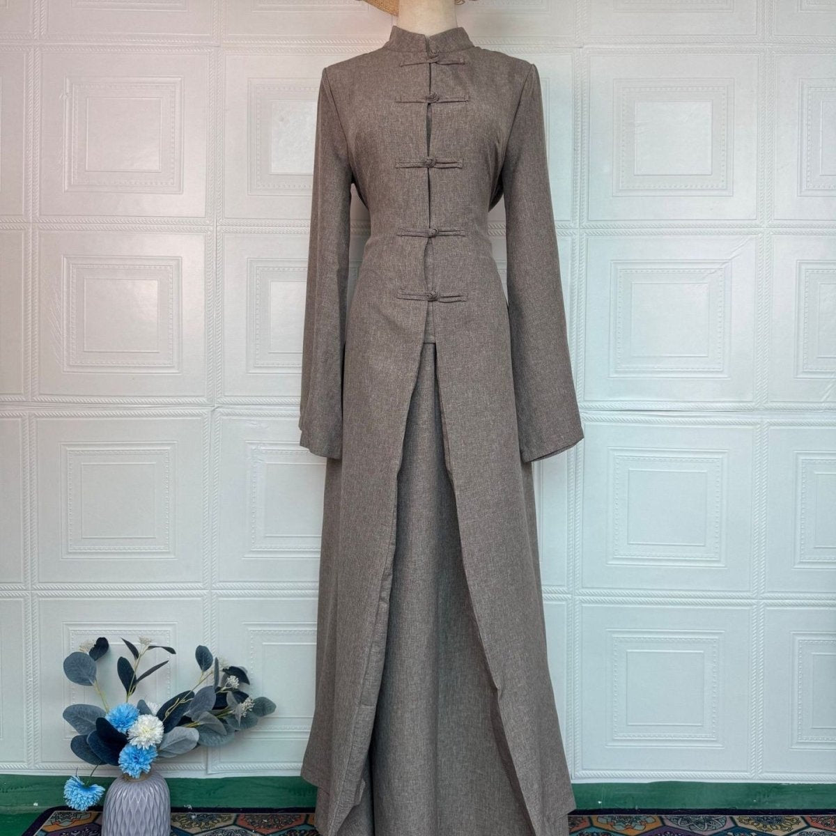 Chinese Frog Button Stand Collar Top & Wide-Leg Maxi Skirt Co-ord Set(MS483) - Mariam's Collection