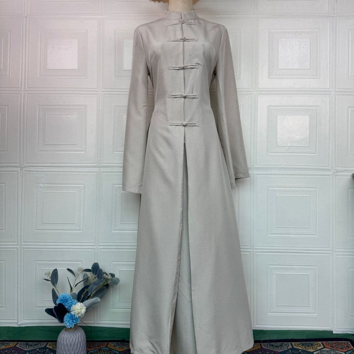 Chinese Frog Button Stand Collar Top & Wide-Leg Maxi Skirt Co-ord Set(MS483) - Mariam's Collection