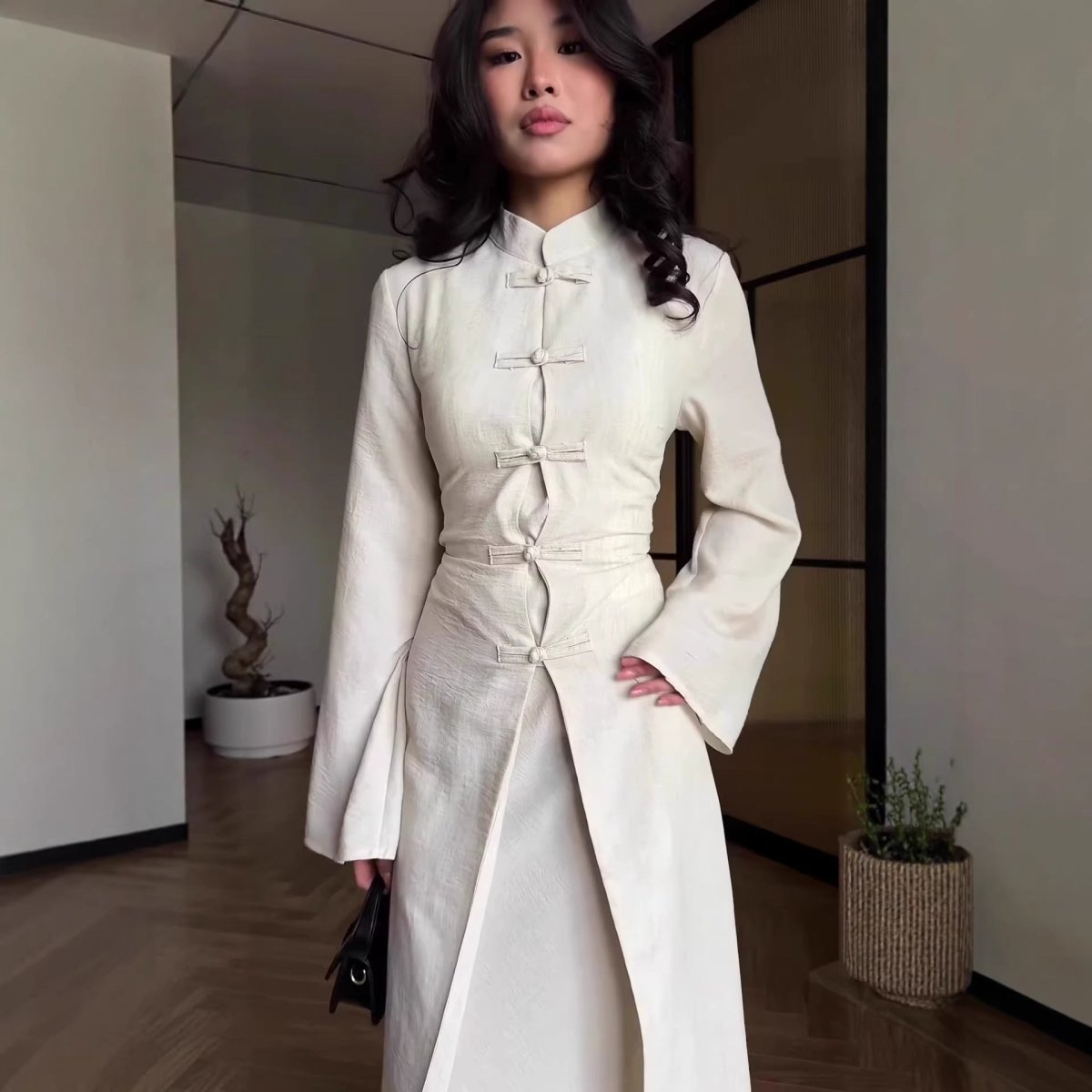 Chinese Frog Button Stand Collar Top & Wide-Leg Maxi Skirt Co-ord Set(MS483) - Mariam's Collection