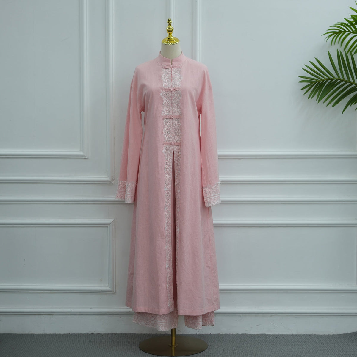 Chinese-Inspired Frog Button Lace Tunic & Wide-Leg Pants Set(MS572) - Mariam's Collection