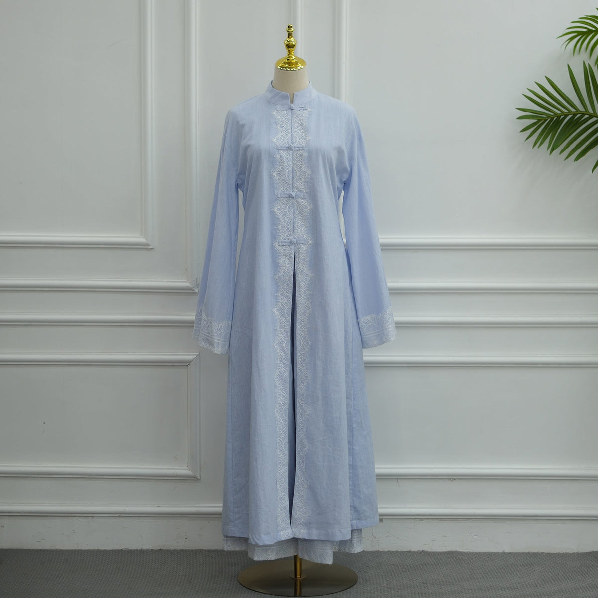 Chinese-Inspired Frog Button Lace Tunic & Wide-Leg Pants Set(MS572) - Mariam's Collection