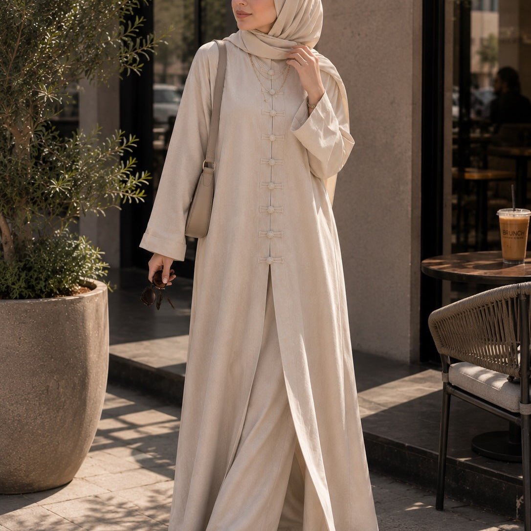 Chinese-Inspired Mandarin Collar Frog Button Long Robe & Wide-Leg Trousers Co-ord Set(MS496) - Mariam's Collection