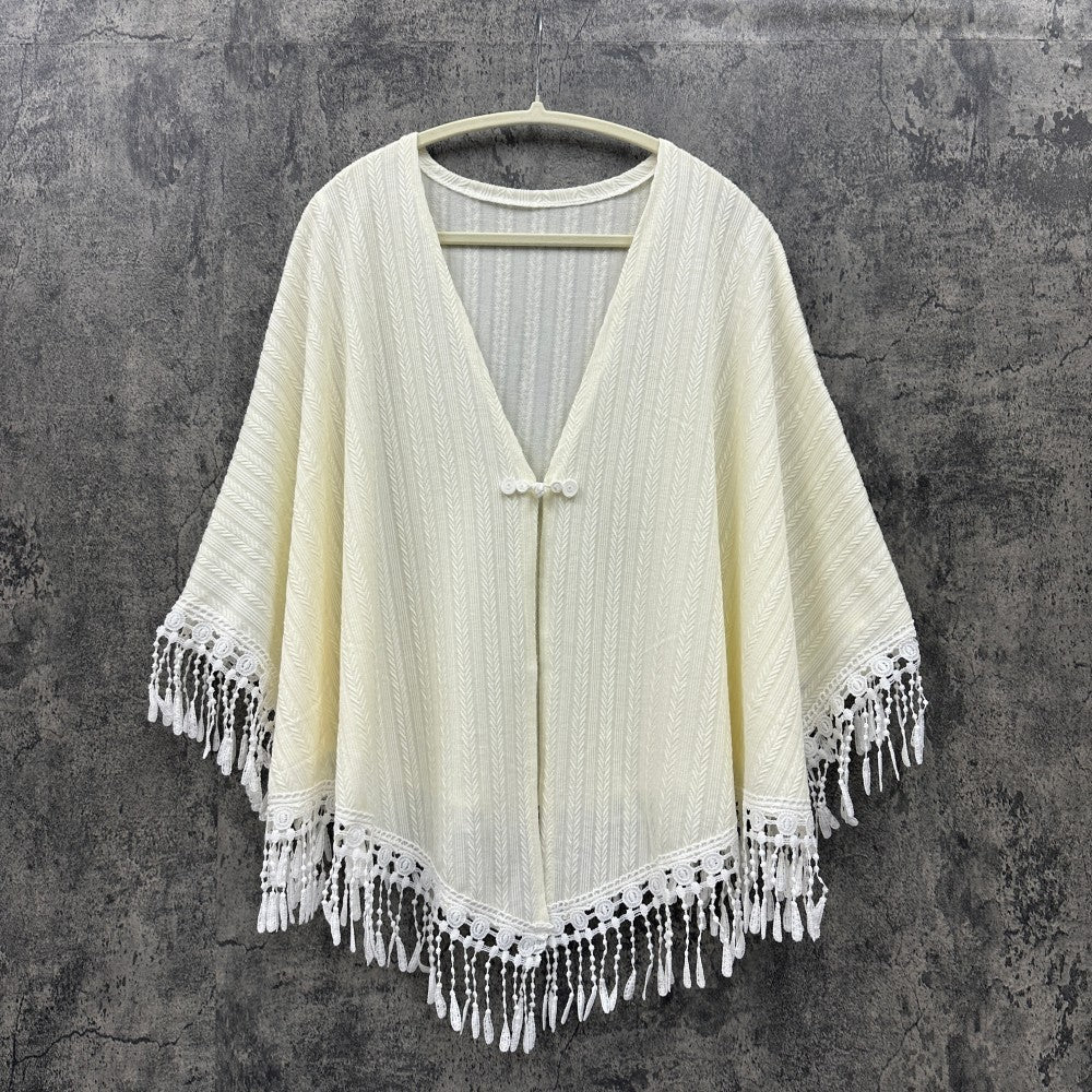 Chinese-Inspired Tassel Cape Jacket | Elegant Textured Poncho Outerwear(MAC501) - Mariam's Collection