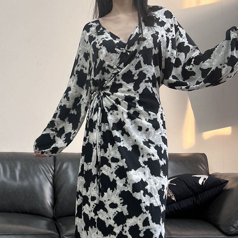 Chinese Style Jacquard & Print Maxi Wrap Dress(MS424) - Mariam's Collection