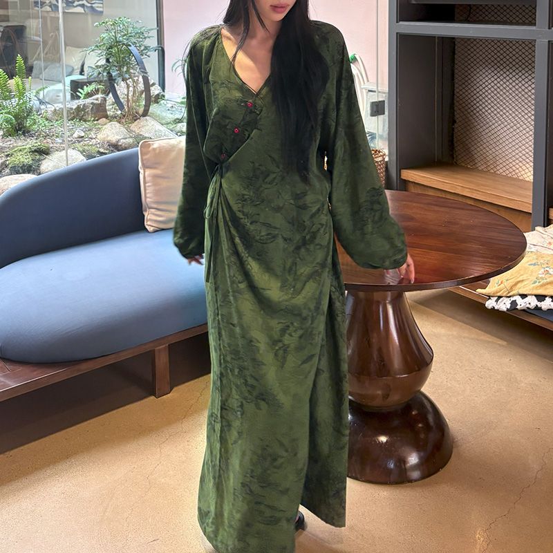 Chinese Style Jacquard & Print Maxi Wrap Dress(MS424) - Mariam's Collection