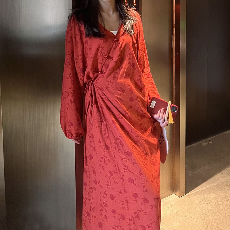 Chinese Style Jacquard & Print Maxi Wrap Dress(MS424) - Mariam's Collection
