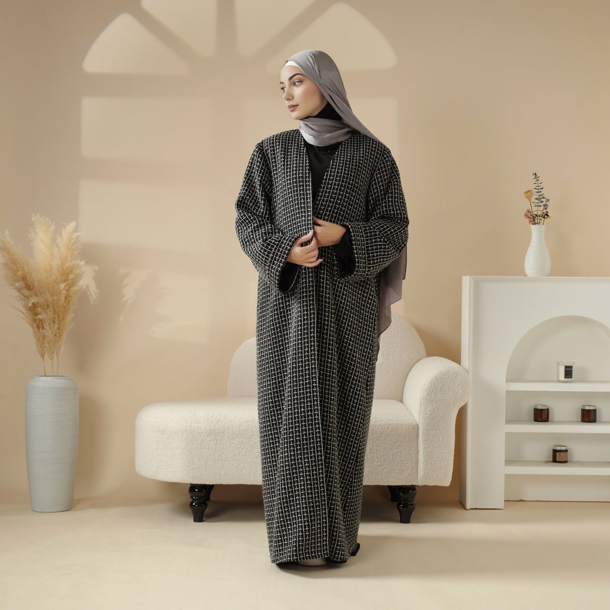 Classic Black White Cocoon Plaid Tweed Open Abaya Coat (MOA096) - Mariam's Collection