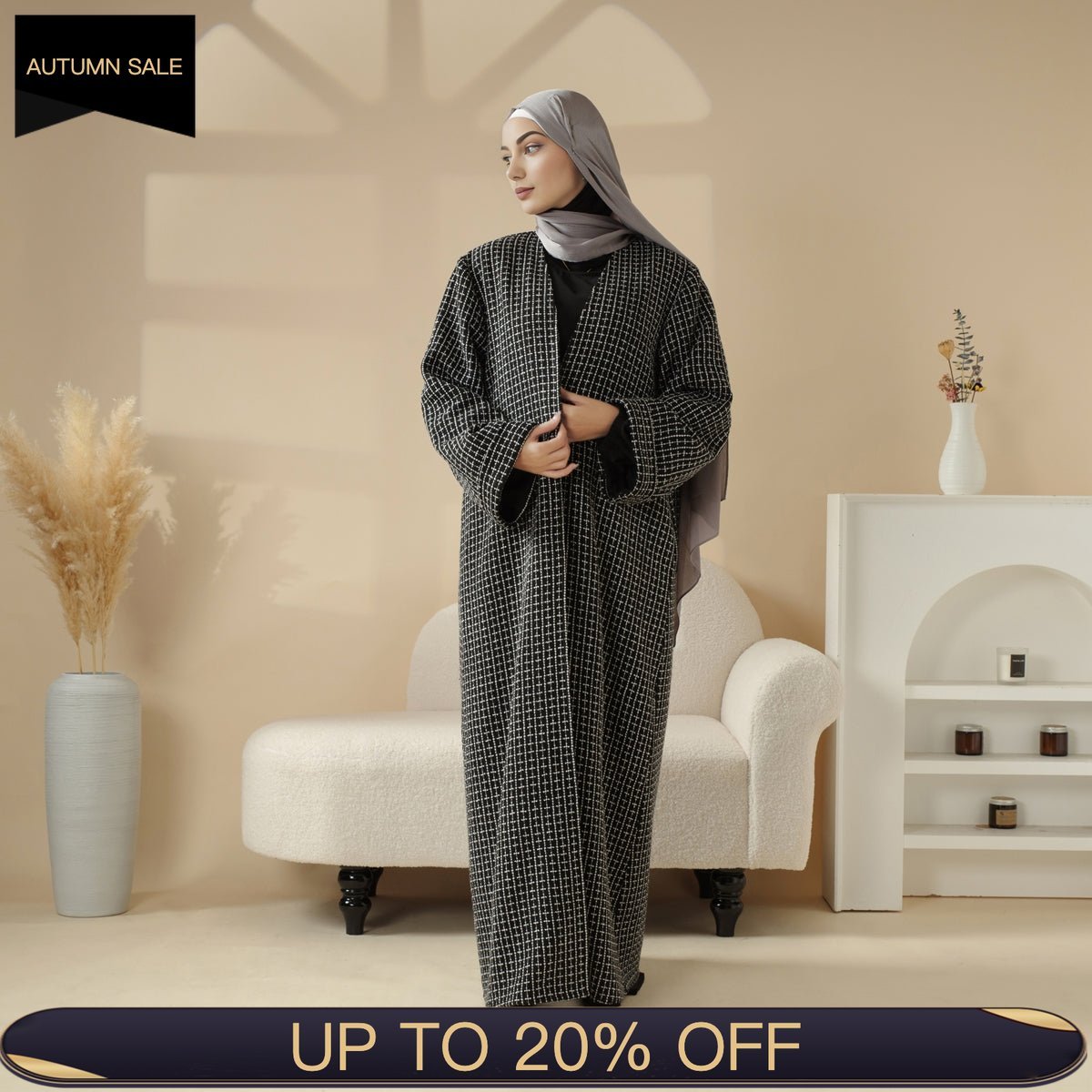 Classic Black White Cocoon Plaid Tweed Open Abaya Coat (MOA096) - Mariam's Collection