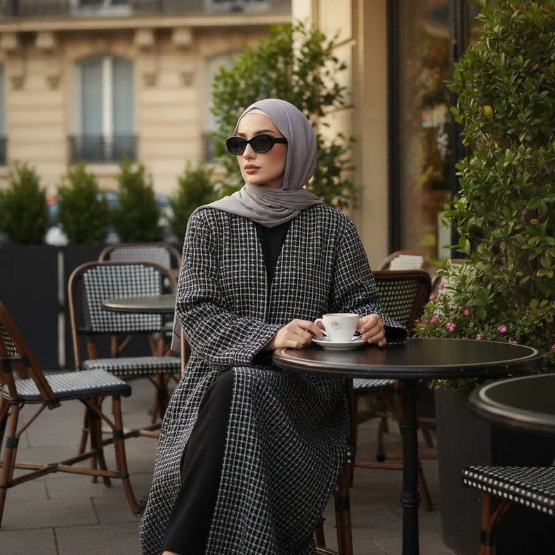 Classic Black White Cocoon Plaid Tweed Open Abaya Coat (MOA096) - Mariam's Collection