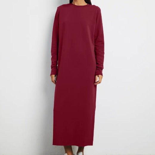 Classic Pullover Maxi Dress | Round Neck Long Sleeve Solid Color Dress(MA317) - Mariam's Collection