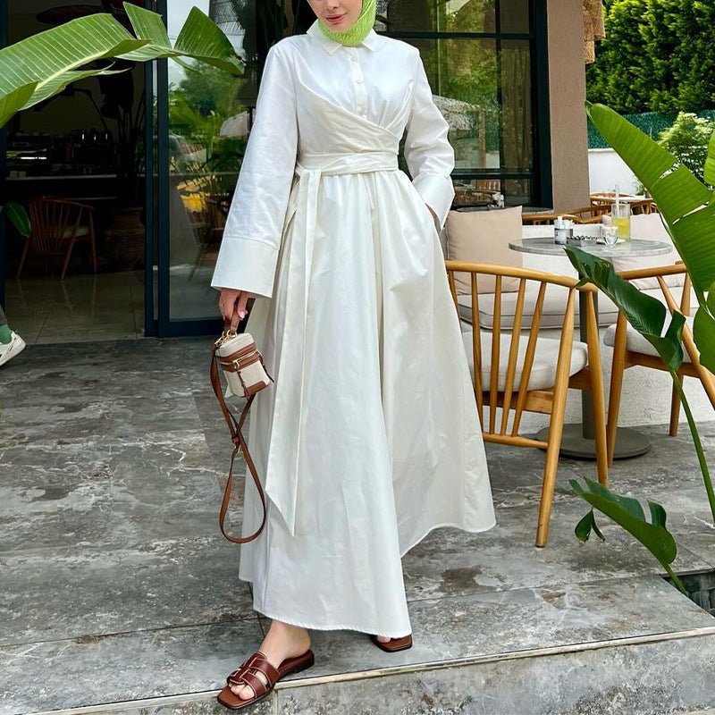 Collared Shirt Dress with Waist Tie(MS349) - Mariam's Collection