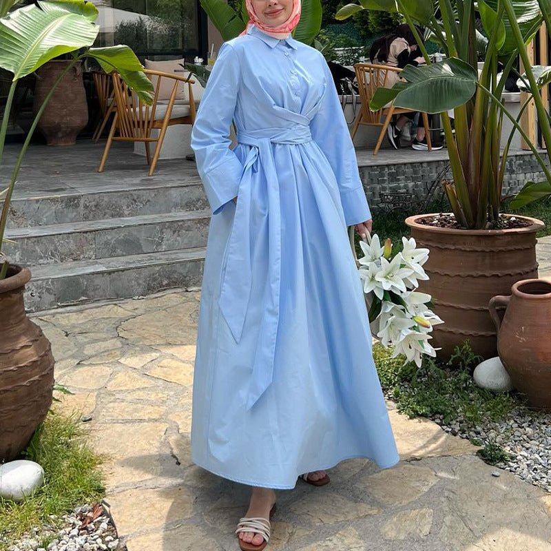 Collared Shirt Dress with Waist Tie(MS349) - Mariam's Collection