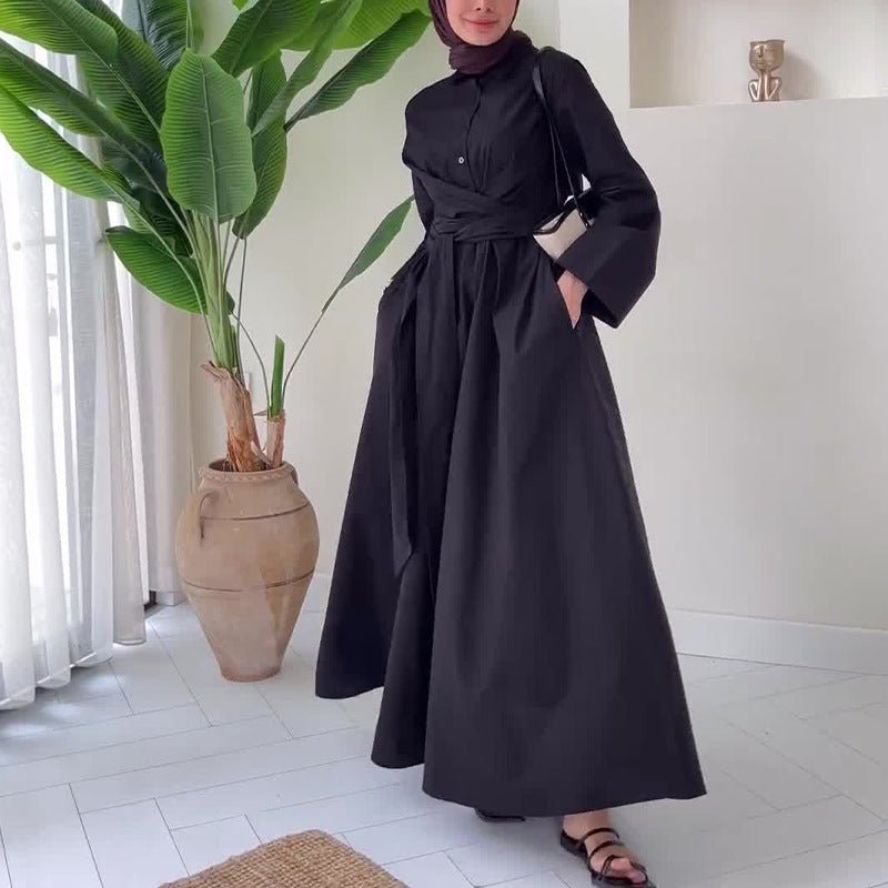 Collared Shirt Dress with Waist Tie(MS349) - Mariam's Collection