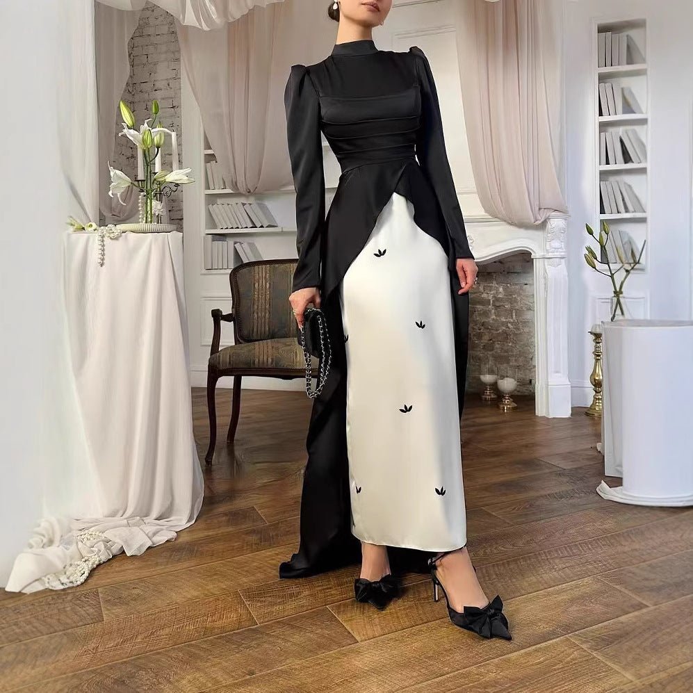 Colorblock Satin Evening Gown with Train(MA351), Black / M