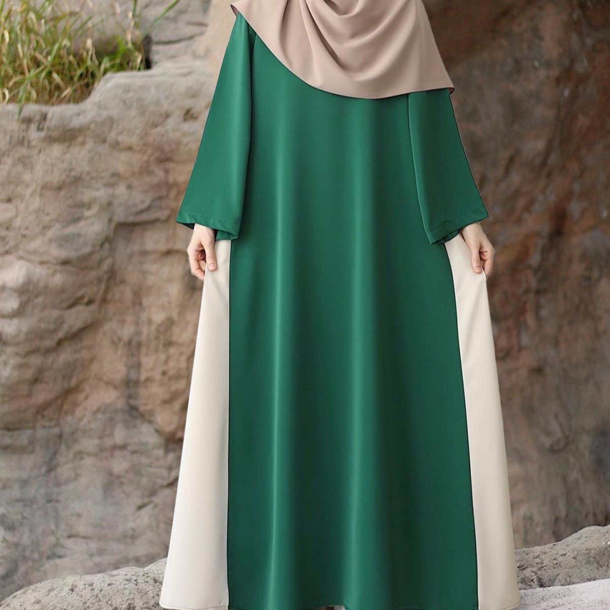 Colorblock Side - Tie Abaya | Two - Tone Round Neck Maxi Dress(MA362) - Mariam's Collection