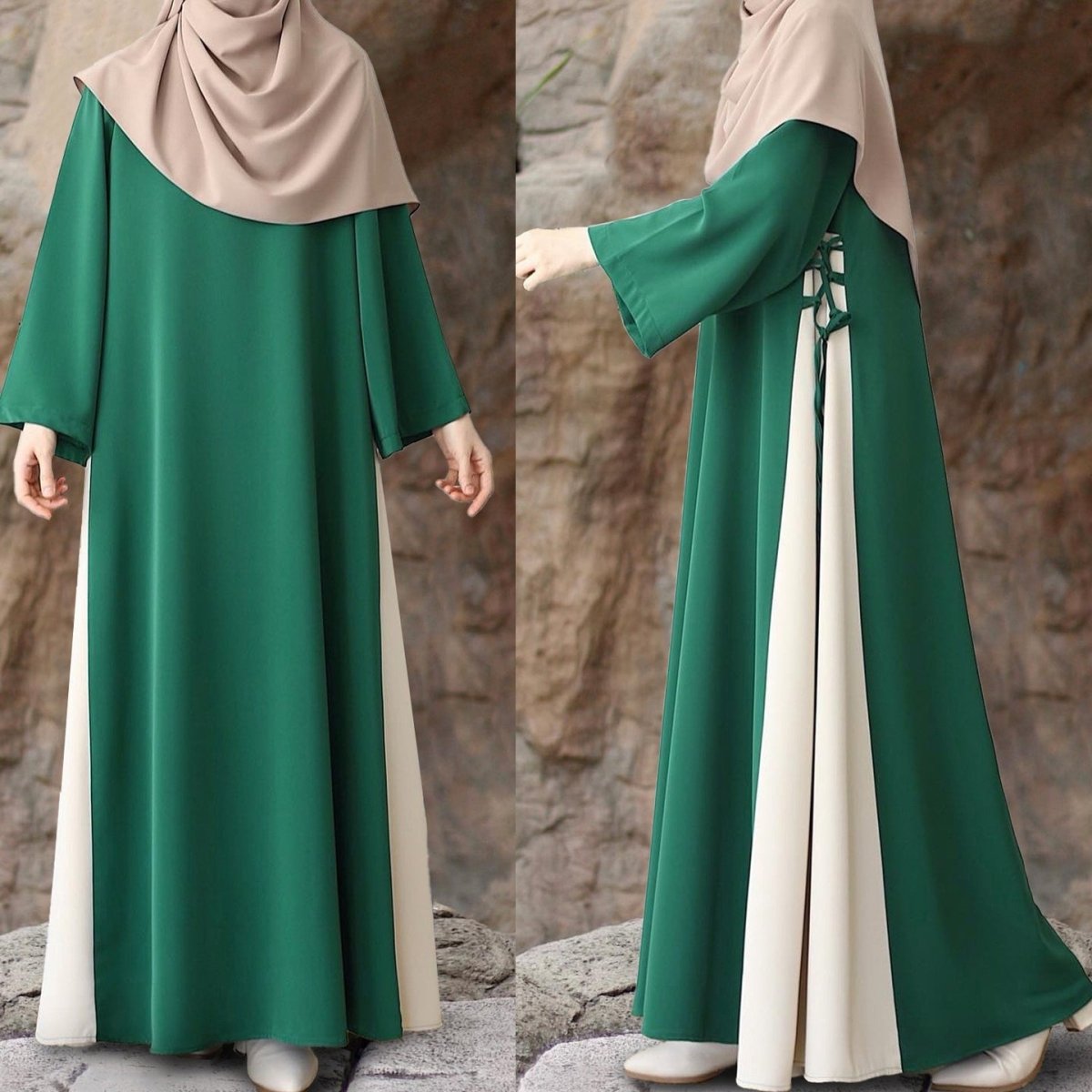 Colorblock Side-Tie Abaya | Two-Tone Round Neck Maxi Dress Abaya (MA362)