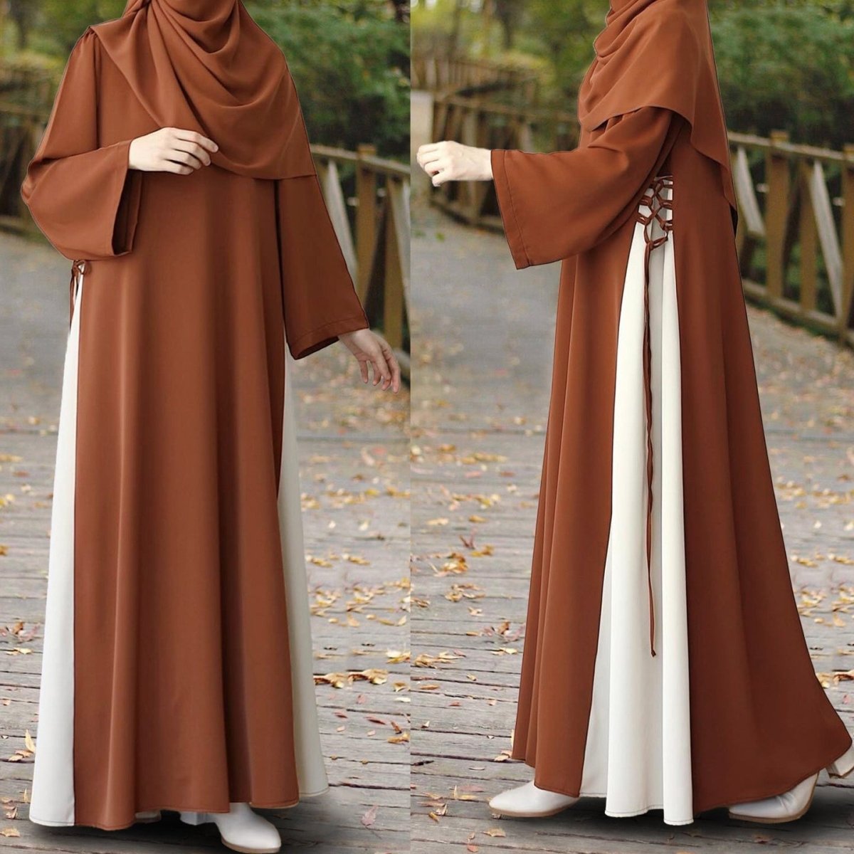 Colorblock Side - Tie Abaya | Two - Tone Round Neck Maxi Dress(MA362) - Mariam's Collection