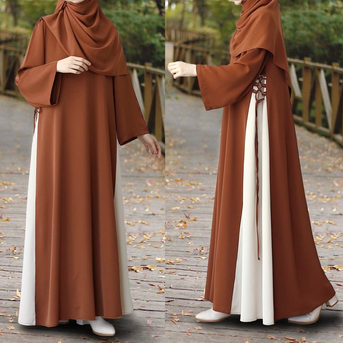 Colorblock Side - Tie Abaya | Two - Tone Round Neck Maxi Dress(MA362) - Mariam's Collection