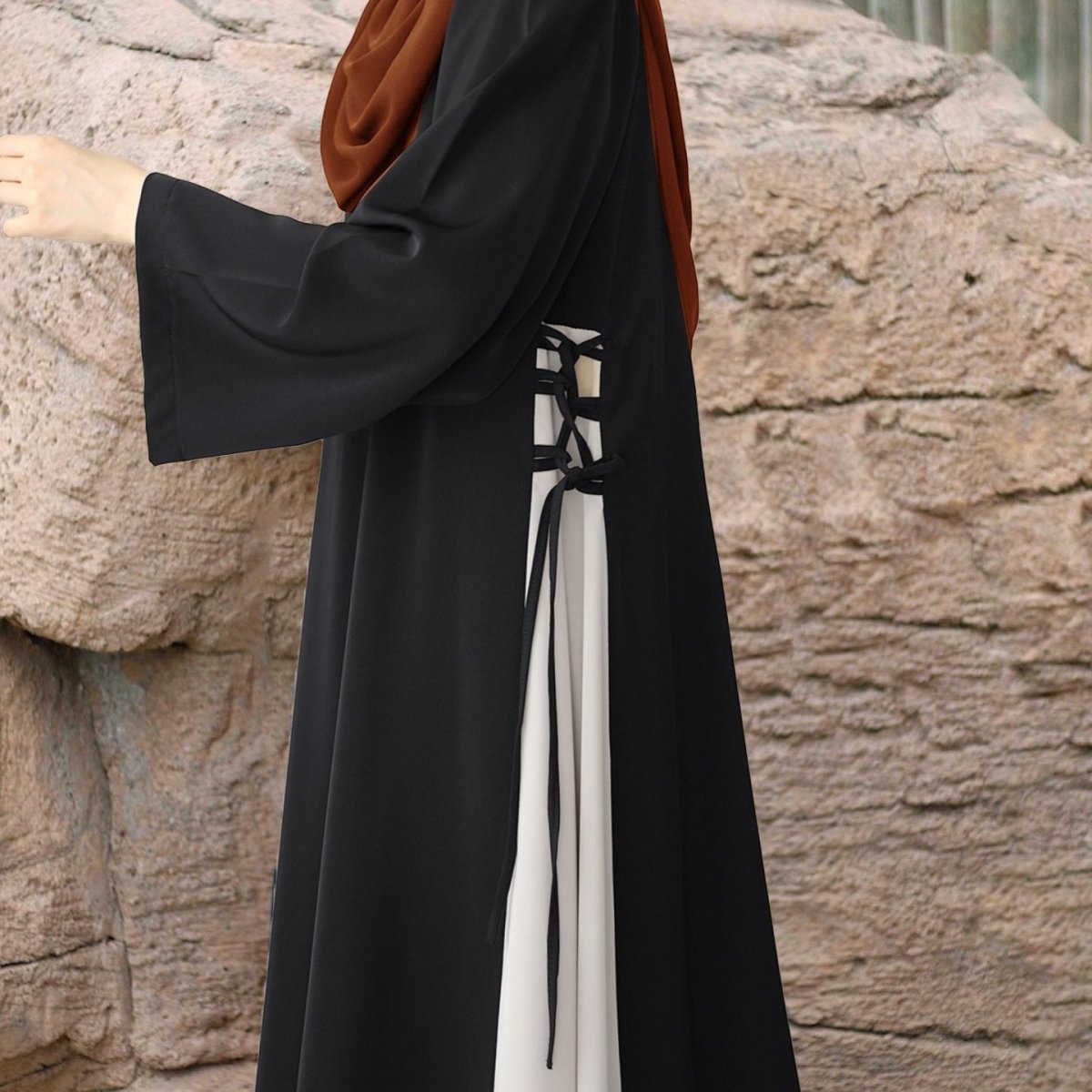 Colorblock Side - Tie Abaya | Two - Tone Round Neck Maxi Dress(MA362) - Mariam's Collection