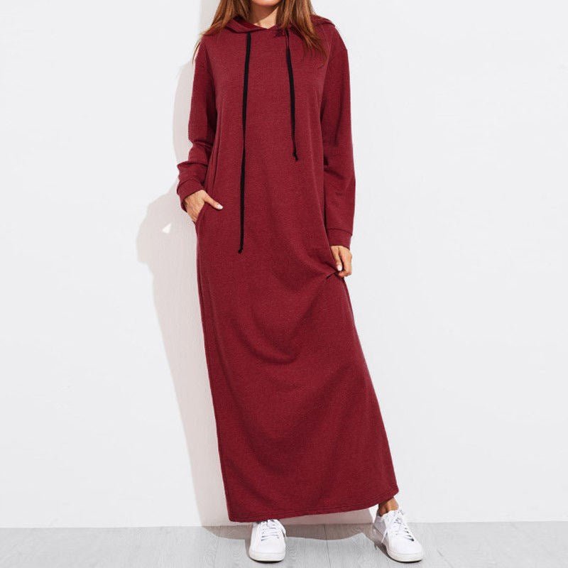 Comfortable Hooded Maxi Dress with Drawstring | Long Sleeve Polyvinyl Alcohol Fiber Dress with Pockets(MS119), burgundy / L Comfortable Hooded Maxi Dress with Drawstring | Long Sleeve Polyvinyl Alcohol Fiber Dress with Pockets(MS119), burgundy / L