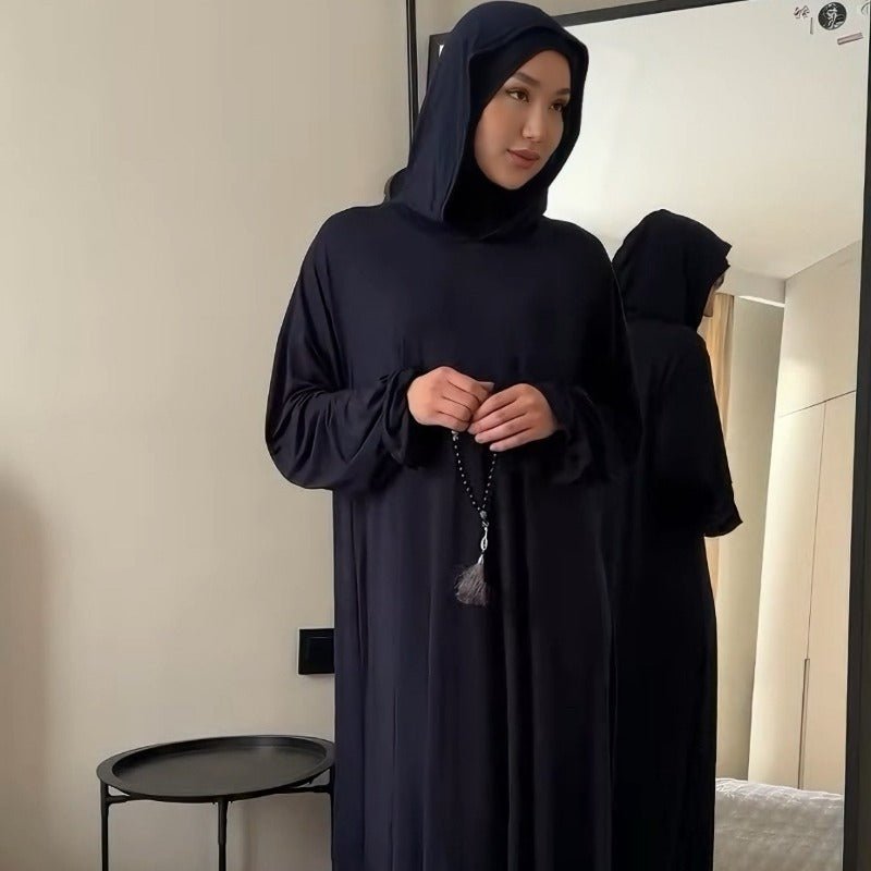 Comfortable Milk Silk Hooded Maxi Dress with Pockets | Elastic Cuff Long Sleeve Dress(MA321) - Mariam's Collection