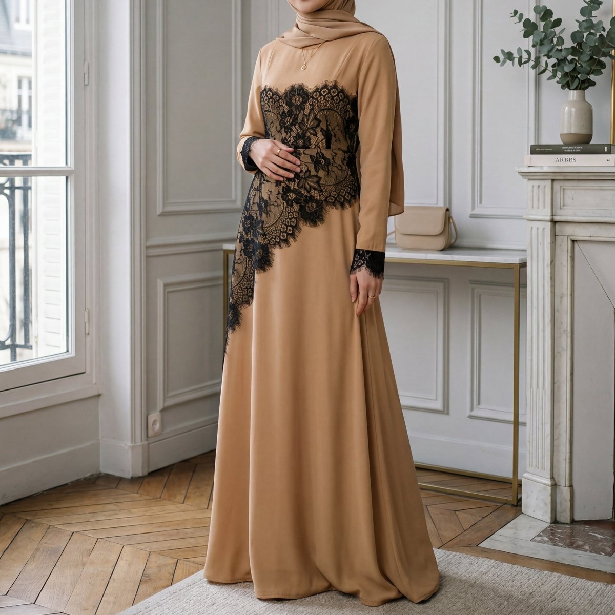 Contrast Lace Waist Panel Maxi Dress(MS409) - Mariam's Collection