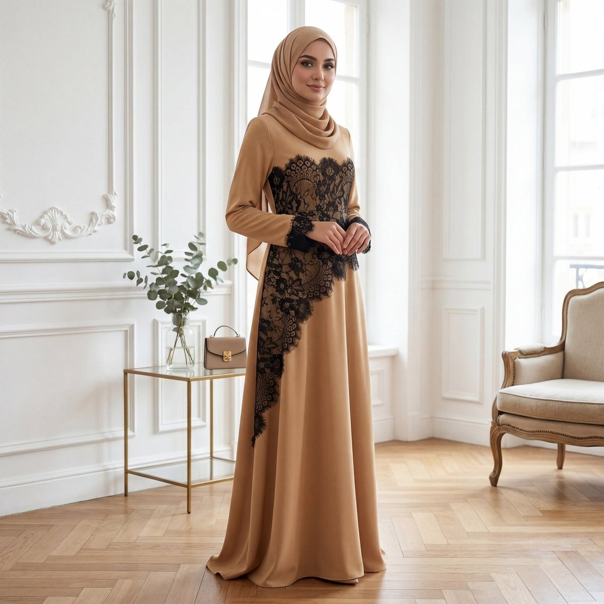Contrast Lace Waist Panel Maxi Dress(MS409) - Mariam's Collection