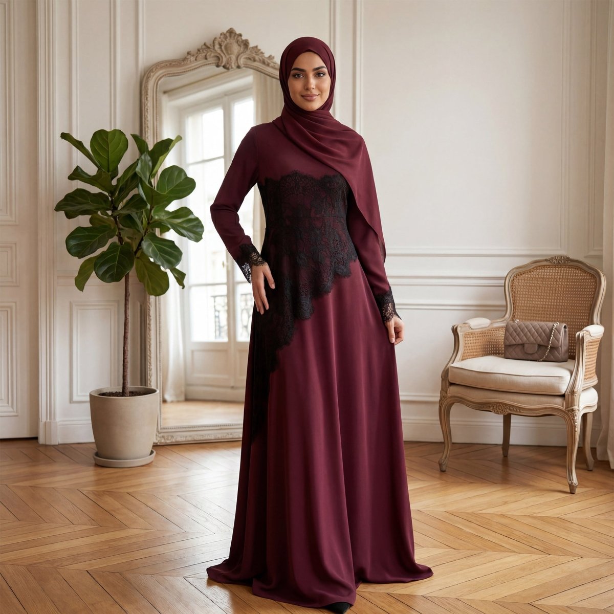 Contrast Lace Waist Panel Maxi Dress(MS409) - Mariam's Collection