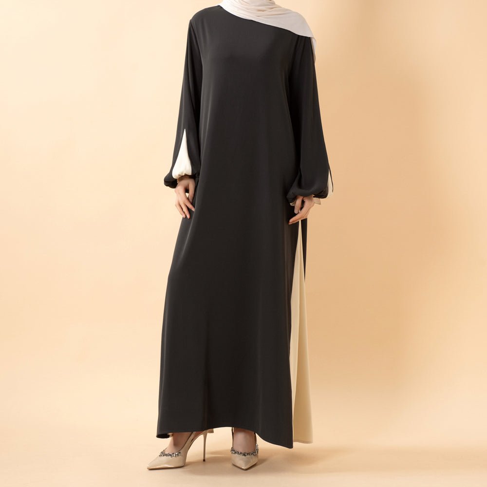 Contrast Panel Balloon Sleeve Abaya – Drawstring Abaya