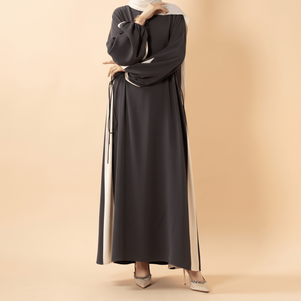 Contrast Panel Abaya with Drawstring Detail & Balloon Sleeves(MA421) - Mariam's Collection