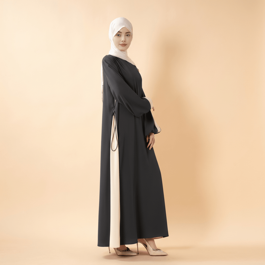 Contrast Panel Abaya with Drawstring Detail & Balloon Sleeves(MA421) - Mariam's Collection