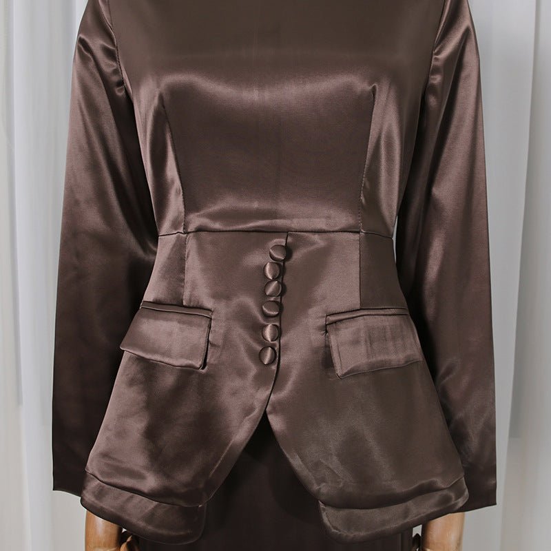 Corset peplum set in coffee with sophisticated structured styling
