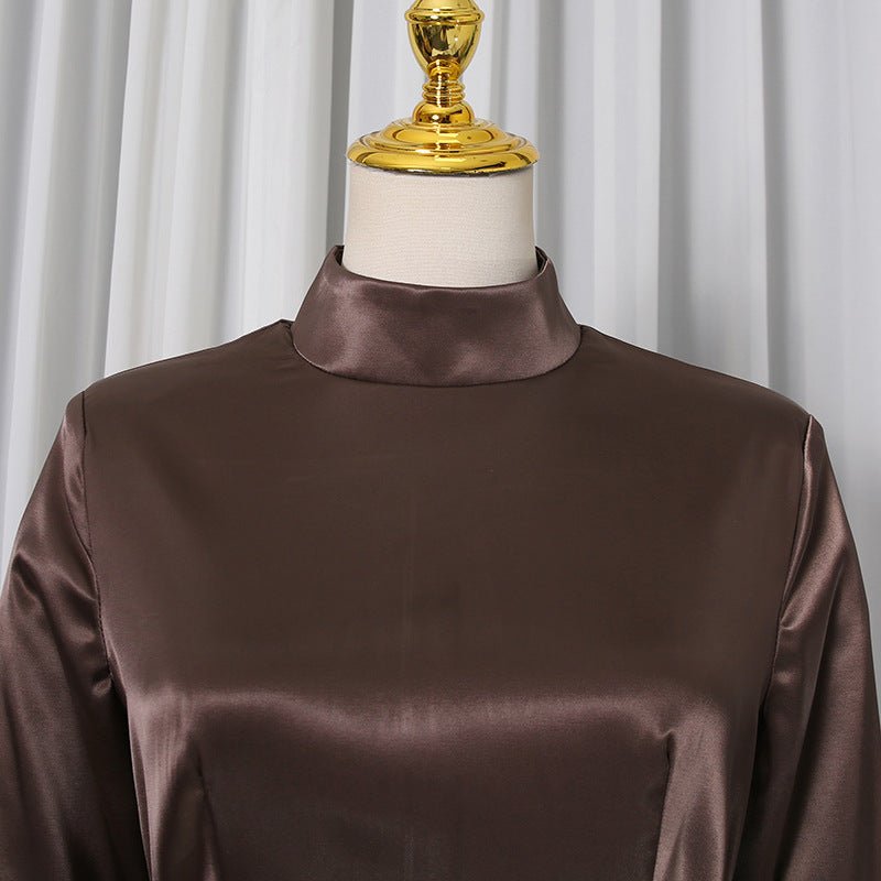 Structured peplum top with matching maxi skirt in warm apricot